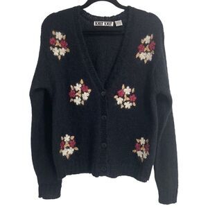 Knit Knit Vintage Mohair‎ Blend Embroidered Cardigan Sweater Black Small